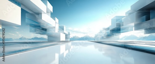 Symmetrical futuristic glass block structures floating above a wide reflective calm surface with distant snow-capped mountains under a clear blue sky, serene and minimalistic