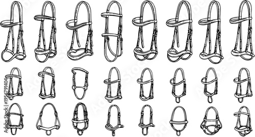 Detailed black and white vector illustration set of various horse bridles and nosebands. Collection of equestrian tack and headgear for riding, training, and showing horses.