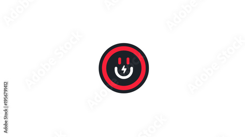 A simple, circular design. It features a smiling face with a lightning bolt on a black and red circle