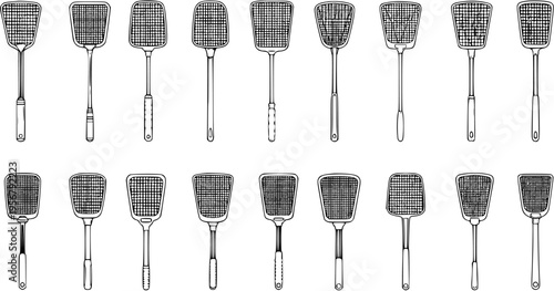 Hand-drawn collection of various fly swatters. Black and white sketch illustration set for pest control and insect repellent tools.