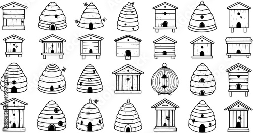 Collection of diverse cartoon outline beehives and bee houses, illustrating various styles for honey production and bee care.