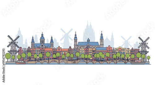 Windmills and buildings in Amsterdam city.