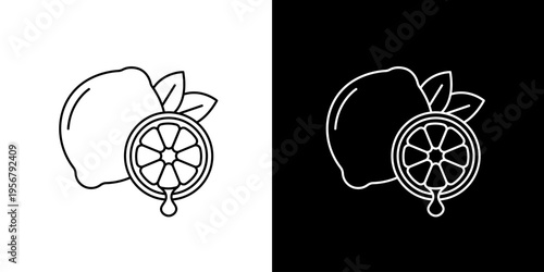 Refreshing line art icon illustration of a whole lemon and a juicy sliced lemon with a droplet, ideal for healthy eating, drink, and natural product branding