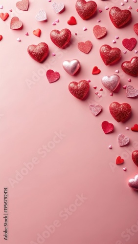 Pastel pink background with scattered red heart-shaped decorations in a playful and whimsical design