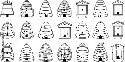 Collection of Diverse Beehives Line Art Icons. Vector illustrations featuring various styles: traditional skeps, modern boxes, and rustic bee houses for beekeeping themes.