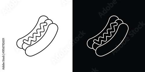 Minimalist Line Art Hot Dog Icon Illustration with Mustard. Simple Vector Graphic for Fast Food Concepts, Snack Menus, and Modern Design Elements on Black and White Backgrounds