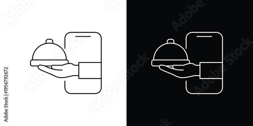 Online Food Delivery Service Icon Digital meal ordering via smartphone, featuring a hand presenting a cloche, symbolizing convenient and fast mobile restaurant service