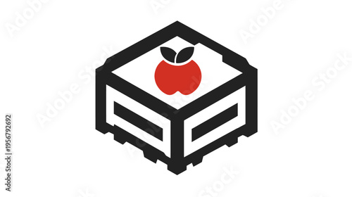 Isometric box with a red apple and leaves on top. Black and white contrasting logo