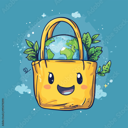 Cute happy eco bag and planet Earth , vector style simple color