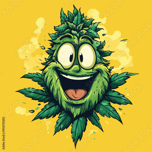 Weed bud face logo. Vector hand drawn doodle cartoon character logo illustration. Smoke cannabis,weed,marijuana print for t-shirt, poster, card concept , vector style simple color