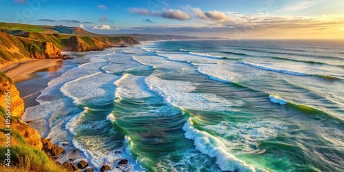 Serene ocean waves gently lapping against a rugged coastline