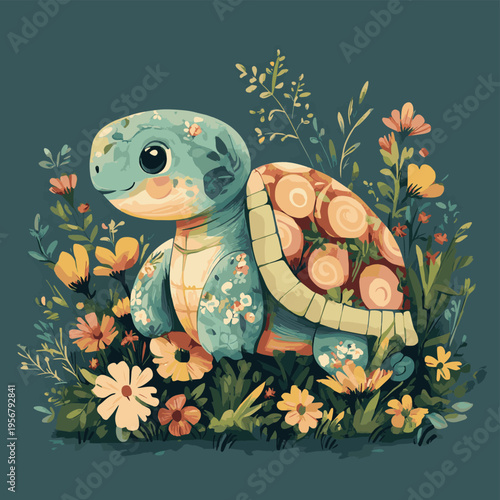 Cute Floral Turtle Fantasy Character , vector style simple color