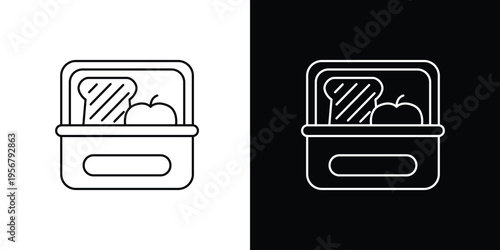 Minimalist outline icon illustration of a packed lunchbox containing a sandwich and a fresh apple, ideal for healthy eating, school, or work meal concepts