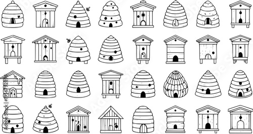 Cartoon Vector Set of Bee Hives and Bee Houses. Hand-Drawn Doodle Collection of Outline Apiary Structures, Traditional and Modern Bee Homes for Honey Bees, Nature  Farming.