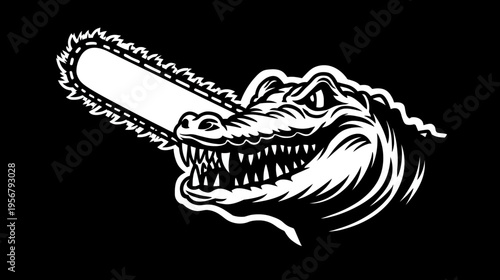 A white alligator with a chainsaw against a black backdrop, a powerful and fearsome graphic