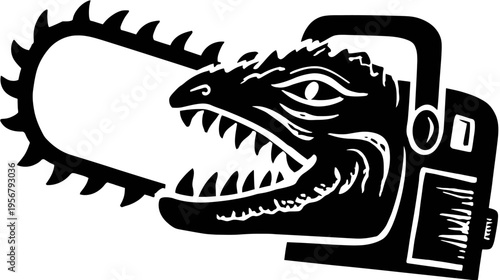 A monochrome illustration of a chainsaw with a fierce, dragon-like creature incorporated