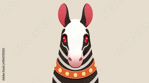 A digitally rendered, cartoonish zebra with red eyes and a decorative collar