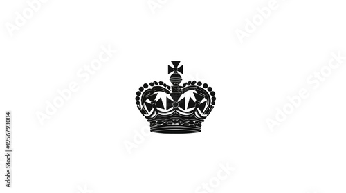 A black and white rendering of a royal crown centered on a stark white background
