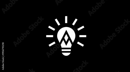 A white illustration of a lightbulb with rays radiating out, with a mountain-like shape inside