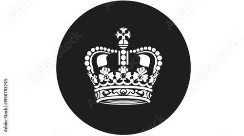 A monochrome design showcases a detailed white crown atop a black circular background, against a white canvas