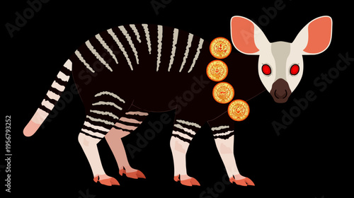 A stylized animal, dark brown with light stripes, white belly, red eyes, and golden coins