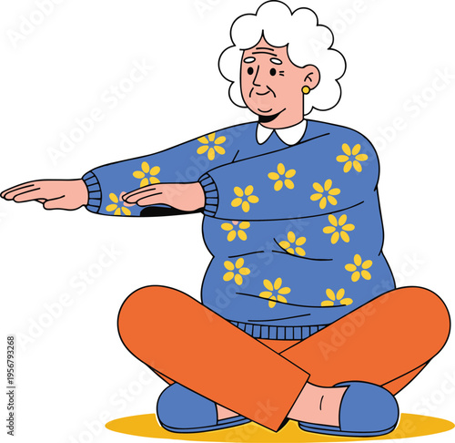 Active Senior Woman Sitting Cross Legged Practicing Yoga Stretching Exercises for Healthy Aging Wellness Program and Physical Therapy Vector Illustration