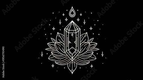 A geometric crystal rises from a lotus flower, adorned with stars and a teardrop, all in white