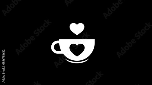 A white coffee cup design with a heart shape inside and a heart floating above it on a black background