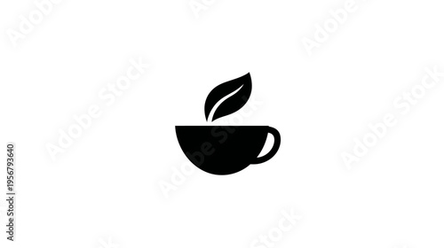 A simple, black minimalist logo, featuring a cup with a handle and a single leaf rising