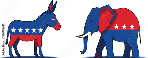 American Political Symbols Featuring Democratic Donkey and Republican Elephant With Patriotic Stars and Stripes for Election Day and United States Voting