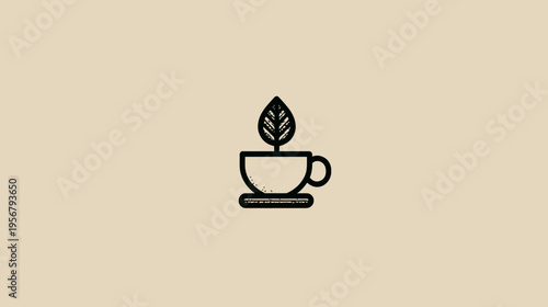 Minimalist line art illustration featuring a teacup with a leaf on top. Background is a solid, neutral tone