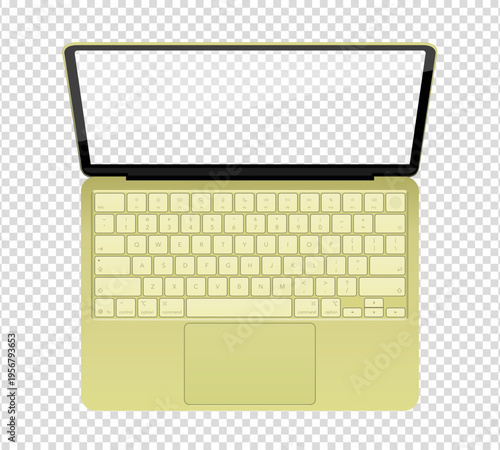 Photorealistic detailed green notebook mockup. Front view of opened notebook with keyboard isolated on transparent background. Vector illustration