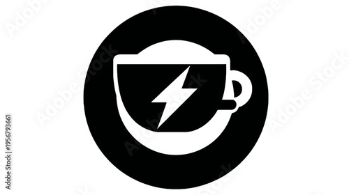 A black and white graphic design featuring a coffee cup with a lightning bolt in the center