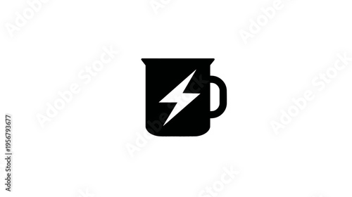 A black mug, containing a white lightning bolt on the side, with a handle against white