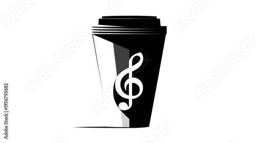 Black and white illustration depicting a coffee cup with a treble clef design, set on a white background