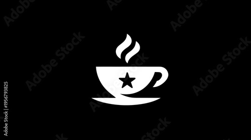 A white coffee cup design with steam and a star inside on a black background