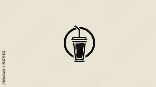 A simple, black minimalist logo of a beverage cup, with a straw, inside a black circular frame