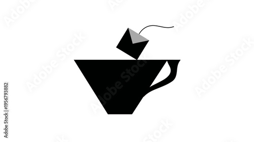 Minimalist illustration of a teacup with a tea bag dipping into it. Simple and graphic design