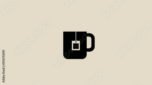 A simple, minimalist black illustration of a mug with a tea bag on a neutral beige background