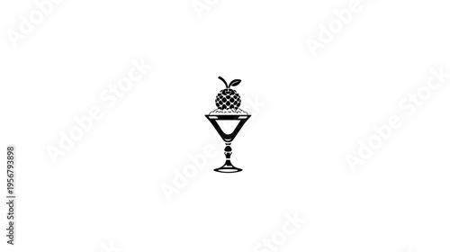 A stylized dessert with a spherical fruit on top of a cocktail glass