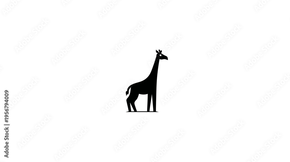 Fototapeta premium A silhouette of a giraffe, facing right, with a long neck and short horns. It stands on a line