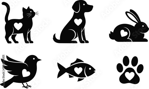 Animal silhouettes with heart shapes, cat, dog, rabbit, bird, fish, paw print, pet care vector, animal welfare love illustration