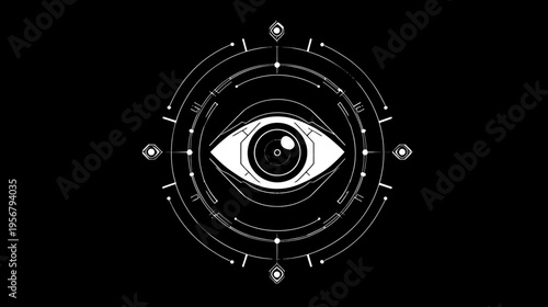 Stylized white eye icon, set within a series of concentric circles and geometric shapes, on black
