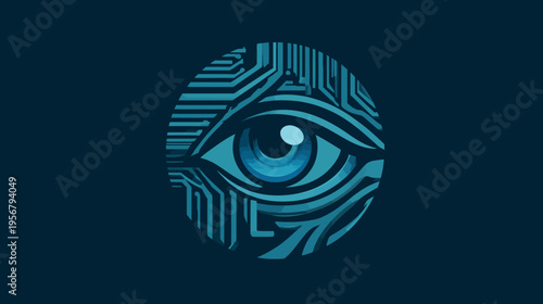 A stylized eye graphic within a circular frame of circuit board patterns, shades of blue