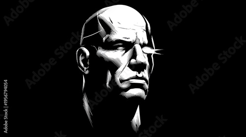 A high-contrast, black and white illustration of a man's face, focused on features