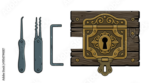 Vintage lock pick tools and antique chest lock