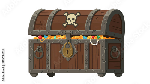 Pirate treasure chest overflowing with gold coins and jewels