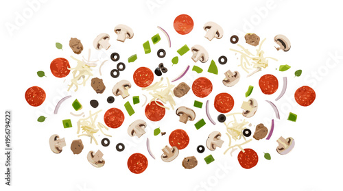 Pizza ingredients scattered, pepperoni, mushrooms, cheese, and olives