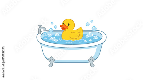 Yellow rubber duck floating in a bubbly bathtub