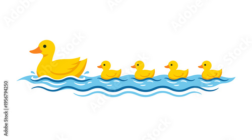 Yellow duck family swimming in blue water waves